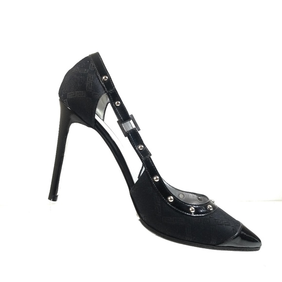 Versace Textile Leather Stud D'Orsay Heels 39.5 - Picture 1 of 8